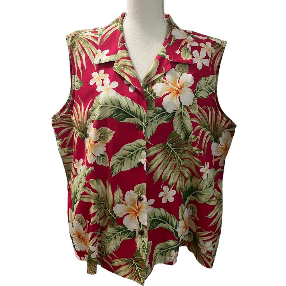 Vintage Bishop St. Red Floral Hawaiian Print Sleeveless Top 3X